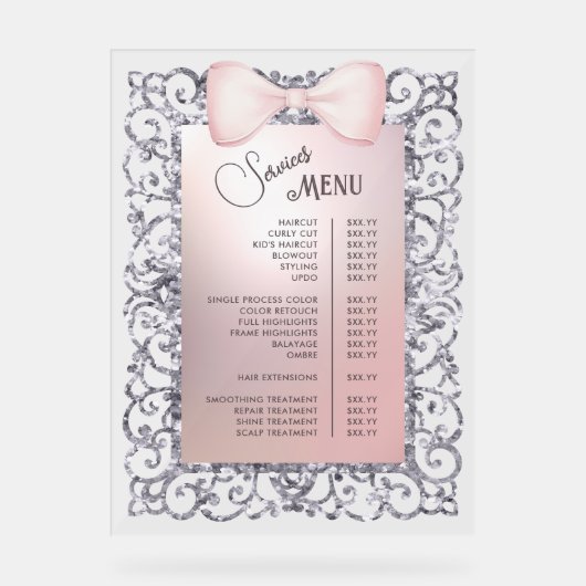 Silver Glitter Lijst Pink Bow Services Menu Acryl Bord (Voorkant)