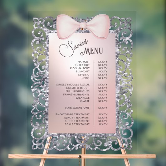 Silver Glitter Lijst Pink Bow Services Menu Acryl Bord (Neutraal)