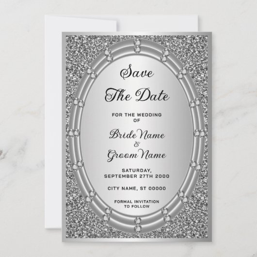 Silver Glitter Lijst Sla de datum op Save The Date (Voorkant)