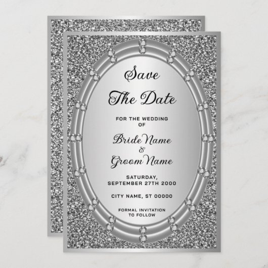 Silver Glitter Lijst Sla de datum op Save The Date (Voorkant / Achterkant)