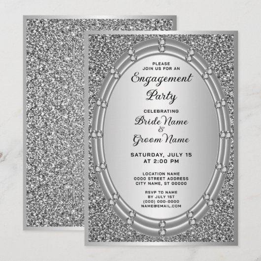 Silver Glitter Lijst Verloving Invitation Kaart (Voorkant / Achterkant)