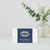 Silver Glitter Lips Navy Blue Elegant Marble Visitekaartje (Staand voorkant)