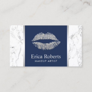 Silver Glitter Lips Navy Blue Elegant Marble Visitekaartje