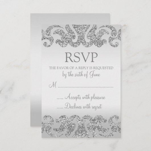 Silver Glitter Look Bruiloft RSVP Kaarten (Voorkant / Achterkant)
