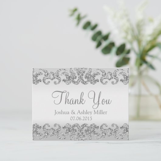 Silver Glitter Look Dank je Briefkaart (Staand voorkant)