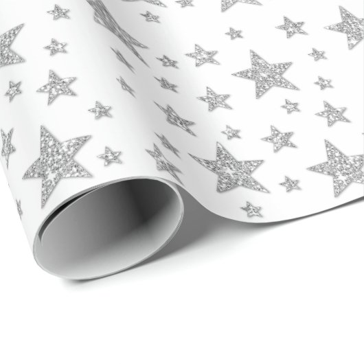 Silver Glitter look-like Stars Pattern Kerstmis Cadeaupapier (Rol Hoek)