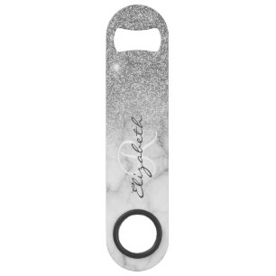 Silver Glitter Look Marble Ombre Monogram Speed Flessenopener