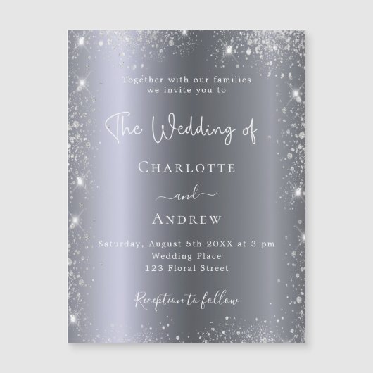 Silver glitter luxe bruiloft nodigmagneet uit (Voorkant)