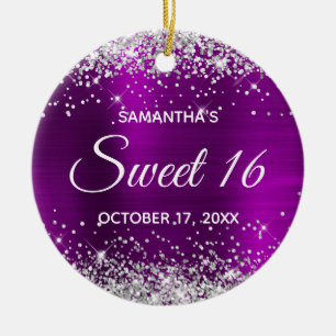 Silver Glitter Magenta Paarse Folie Sweet 16 Keramisch Ornament