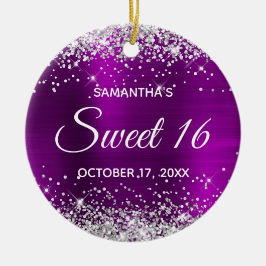 Silver Glitter Magenta Paarse Folie Sweet 16 Keramisch Ornament (Voorkant)