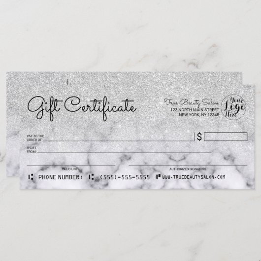 Silver Glitter Marble Check Cadeaubon (Voorkant / Achterkant)