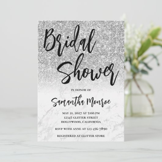 Silver Glitter Marble Glam QR Code Vrijgezellenfee Kaart (Staand voorkant)