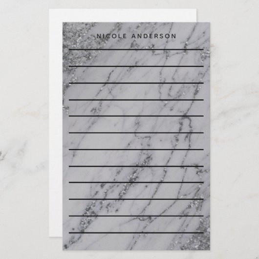 Silver Glitter Marble Glam Trendy Modern Briefpapier (Voorkant / Achterkant)