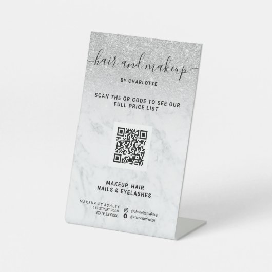 Silver glitter marble make-up digital QR price Reclamebord Met Voetstuk (Voorkant)