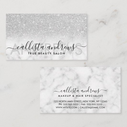 Silver Glitter Marble Ombre Make-up Hair Salon Visitekaartje (Voorkant / Achterkant)