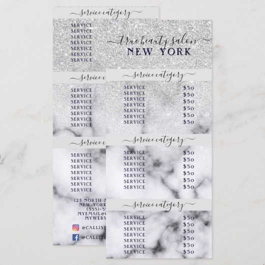 Silver Glitter Marble Ombre Salon Prijslijst (Voorkant / Achterkant)