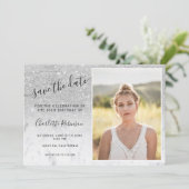 Silver glitter marmer ombre 3 foto's Sweet 16 Save The Date (Staand voorkant)
