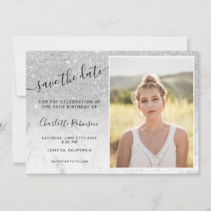 Silver glitter marmer ombre 3 foto's Sweet 16 Save The Date