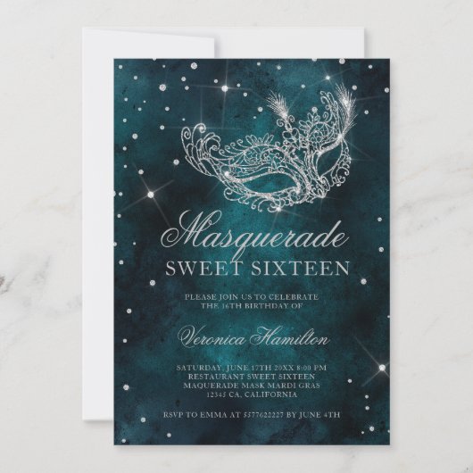 Silver glitter maskerade masker blauwgroen groen S Kaart (Voorkant)