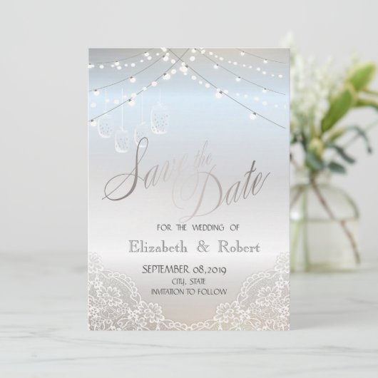 Silver Glitter, Mason Jar, laat de datum sparen Save The Date (Staand voorkant)