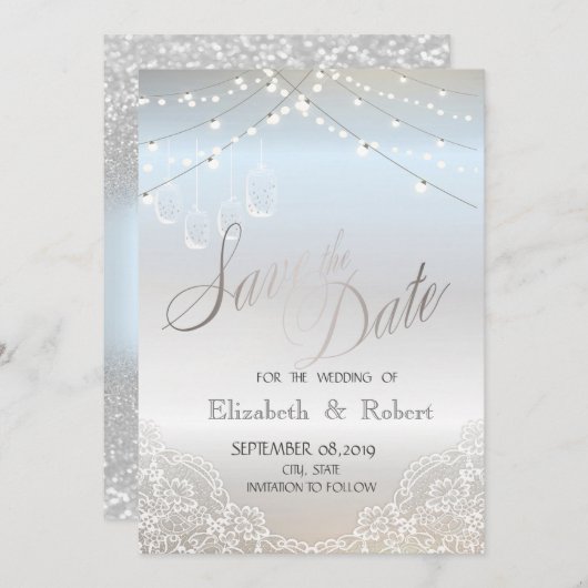 Silver Glitter, Mason Jar, laat de datum sparen Save The Date (Voorkant / Achterkant)