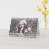 Silver Glitter Merry kerstfoto Wenskaart Kaart (Gele Bloem)