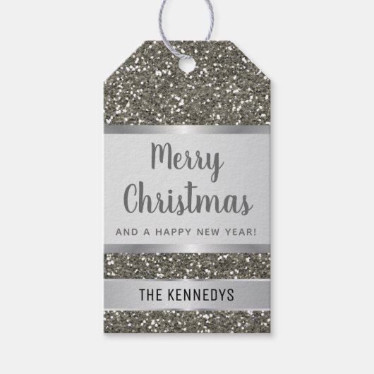 Silver Glitter Merry Kerstmis Cadeaulabel (Voorkant)