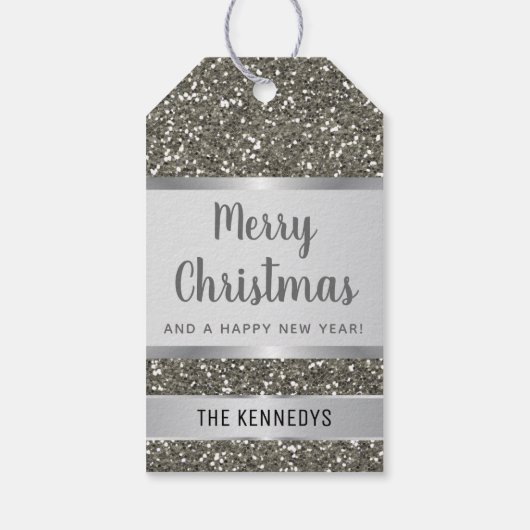 Silver Glitter Merry Kerstmis Cadeaulabel (Achterkant)