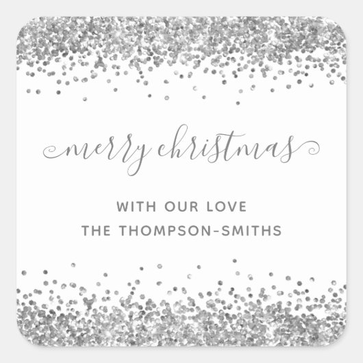 Silver Glitter Merry Kerstmis Names White Vierkante Sticker (Voorkant)