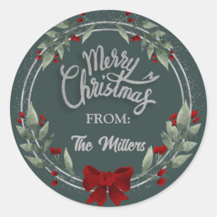 Silver Glitter Merry Kerstmis WreatSticker Ronde Sticker