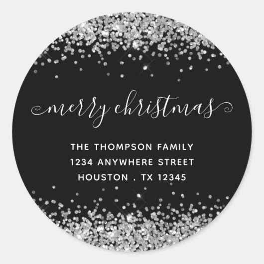 Silver Glitter Merry Kerstnaam Adres zwart Ronde Sticker (Voorkant)