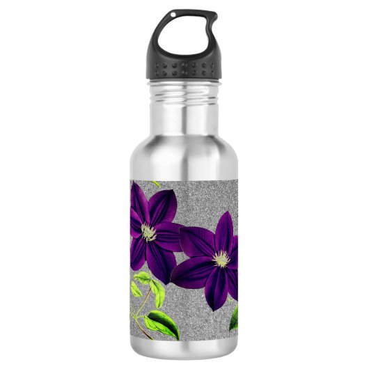 Silver Glitter met Waterverf Paarse Clematis Waterfles (Voorkant)