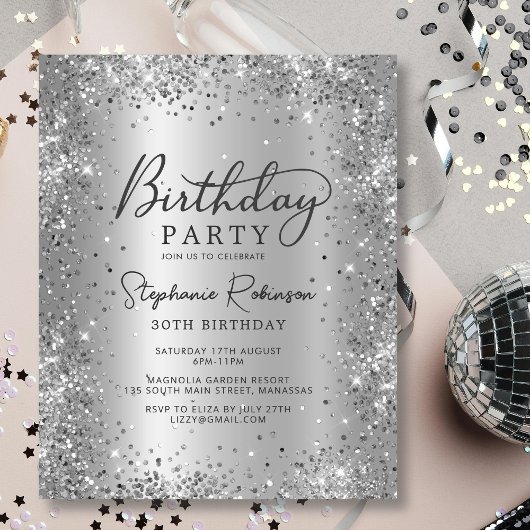Silver Glitter Metal Folie 30e verjaardag Uitnodig