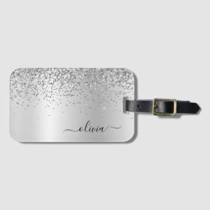 Silver Glitter Metal Monogram Glam Name Bagagelabel
