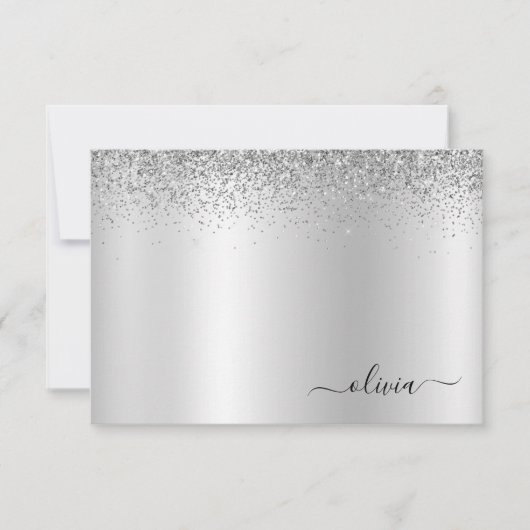 Silver Glitter Metal Monogram Glam Name Bedankkaart (Voorkant)