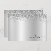 Silver Glitter Metal Monogram Glam Name Bedankkaart (Voorkant / Achterkant)