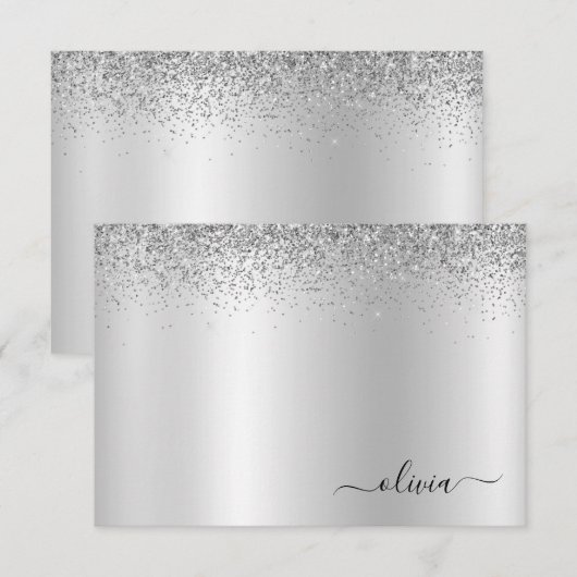 Silver Glitter Metal Monogram Glam Name Bedankkaart (Voorkant / Achterkant)