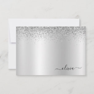 Silver Glitter Metal Monogram Glam Name Bedankkaart