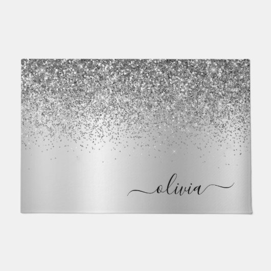 Silver Glitter Metal Monogram Glam Name Deurmat (Voorkant)