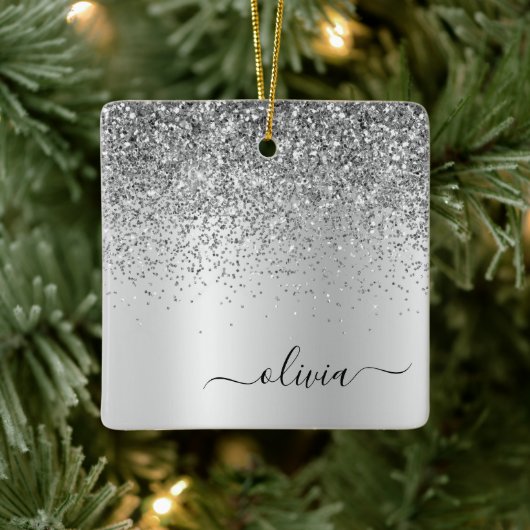 Silver Glitter Metal Monogram Glam Name Keramisch Ornament (Boom)