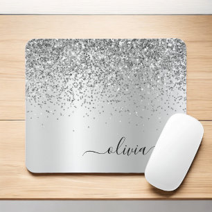 Silver Glitter Metal Monogram Glam Name Muismat