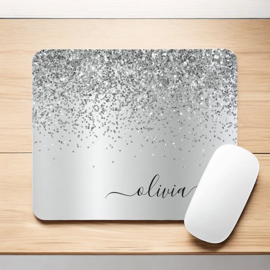 Silver Glitter Metal Monogram Glam Name Muismat