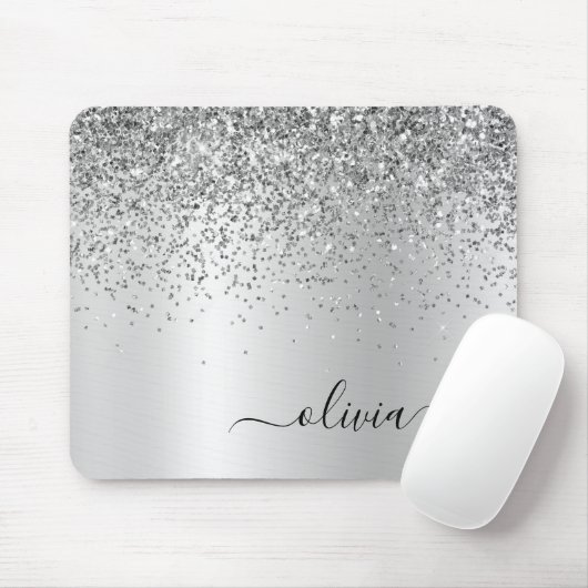 Silver Glitter Metal Monogram Glam Name Muismat (Met muis)
