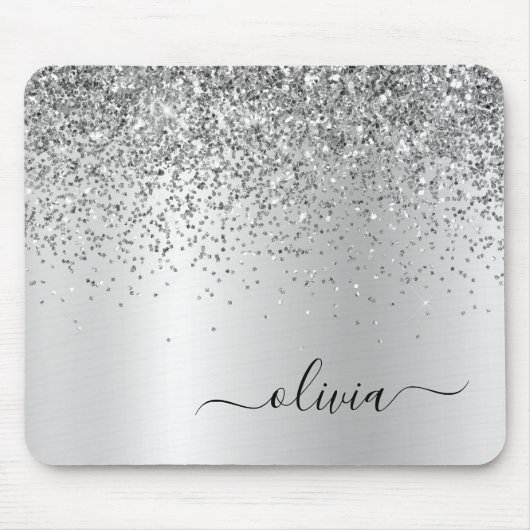 Silver Glitter Metal Monogram Glam Name Muismat (Voorkant)