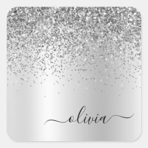 Silver Glitter Metal Monogram Glam Name Vierkante Sticker