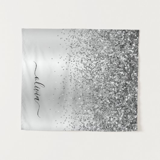 Silver Glitter Metal Monogram Glam Name Wandkleed (Voorkant (horizontaal))