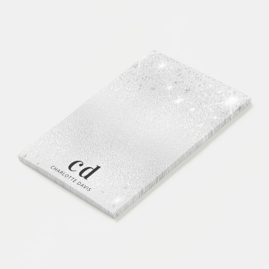 Silver glitter metal monogram initiaal naam post-it® notes (Schuin)