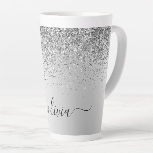 Silver Glitter Metal Monogram Naam Latte Mok (Rechterhoek)