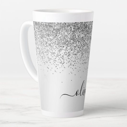 Silver Glitter Metal Monogram Naam Latte Mok (Linkerhoek)