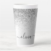 Silver Glitter Metal Monogram Naam Latte Mok (Voorkant)